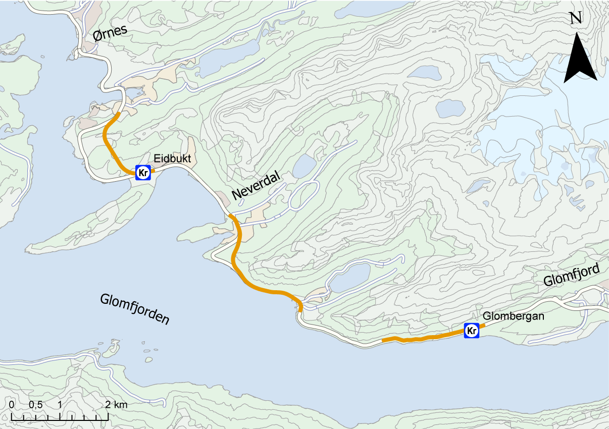 Figur 6.1 Kart som viser delstrekninger og bomstasjonsplasseringene Eidbukt og Glombergan på fv. 17.