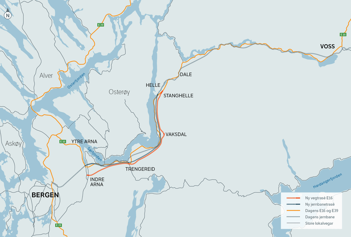 Figur 2.1 Oversiktskart for Fellesprosjektet Arna–Stanghelle