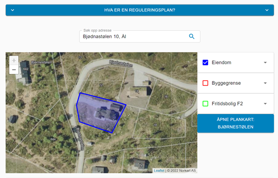 Eksempel på informasjon om en eiendom i Ål kommune med innlagt eiendomsgrense. 