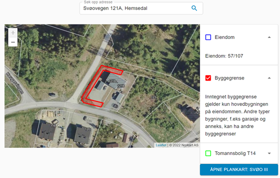 Eksempel på informasjon om en eiendom i Hemsedal kommune med innlagt byggegrense.  