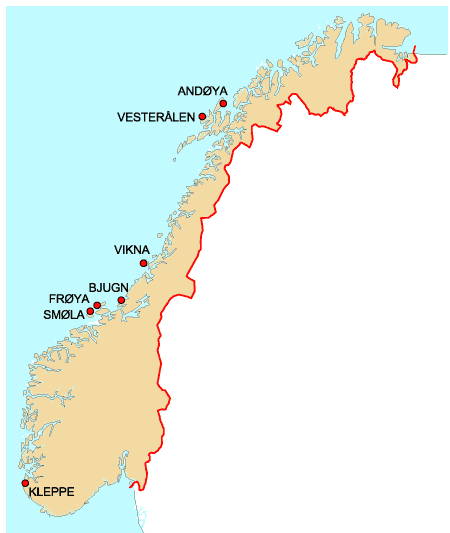 Figur 23.3 Lokaliseringen av vindkraftverk langs norskekysten.