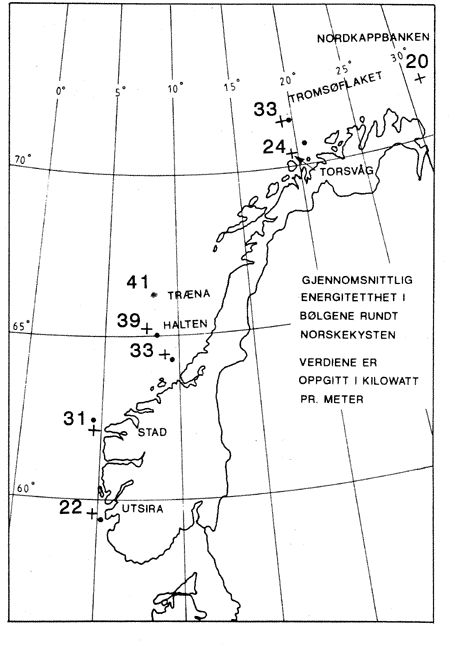 Figur 23.9 Tilgjengelig energi i bølgene utenfor norskekysten.