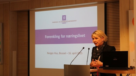Næringsminister Mæland innledet miniseminar om reguleringsforenklinger på Norges Hus. Foto: Andreas Høglund, EU-delegasjonen. 