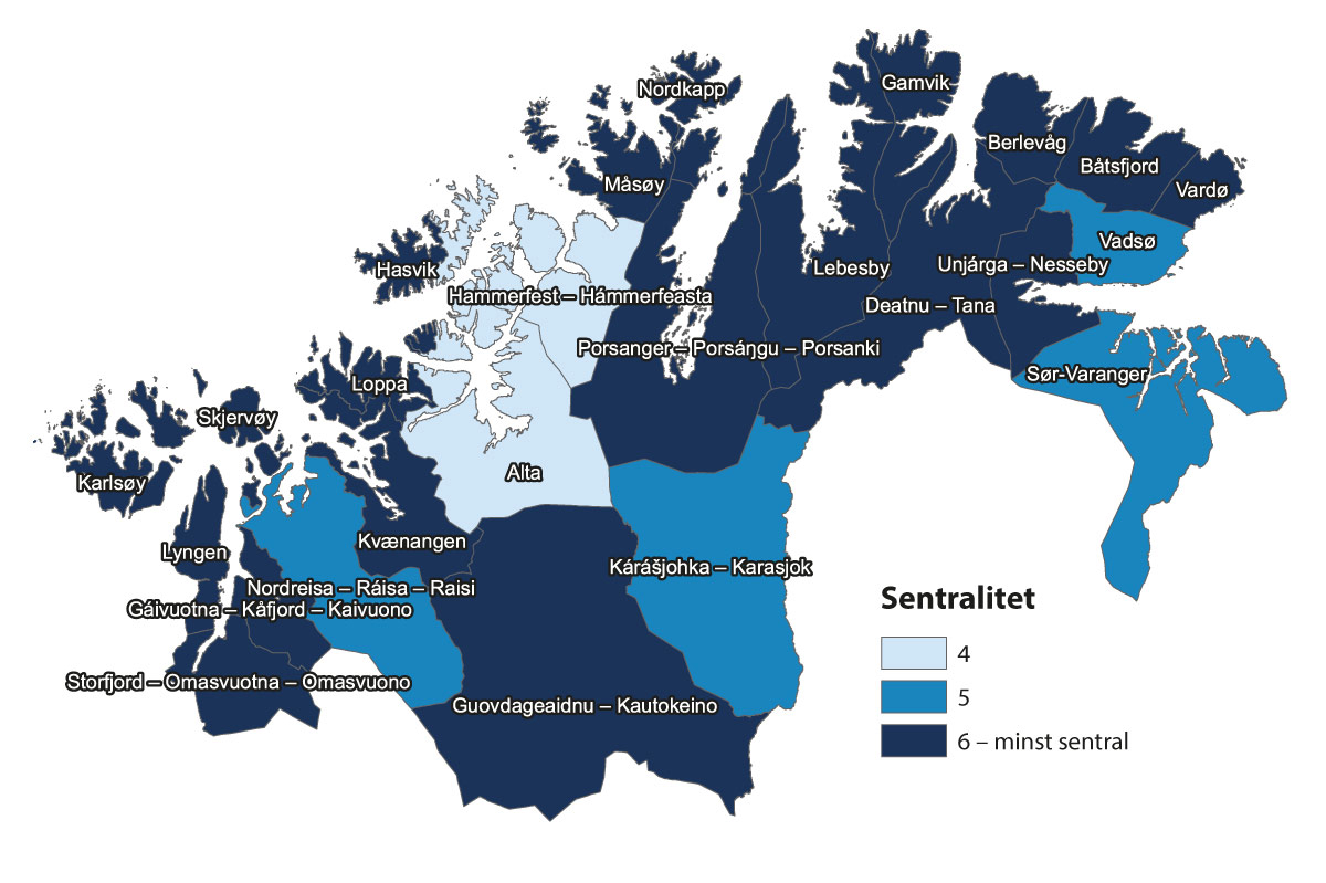 Figur 6.3 Kart over kommunane i tiltakssona etter sentralitet