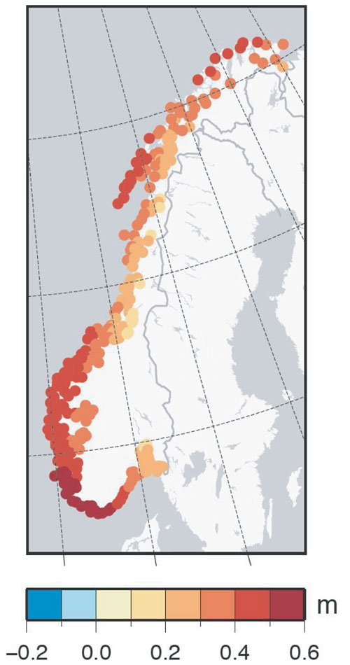 Figur 3.13 Forventet havnivåstigning i et høyutslippsscenario (RCP 8.5)