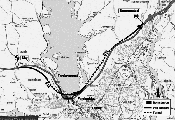 Figur 2.2 Oversiktskart E18 Bommestad – Sky