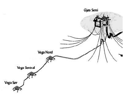 Figur 2.4 Installasjonar på havbotnen og røyr for Vega
 og Vega sør