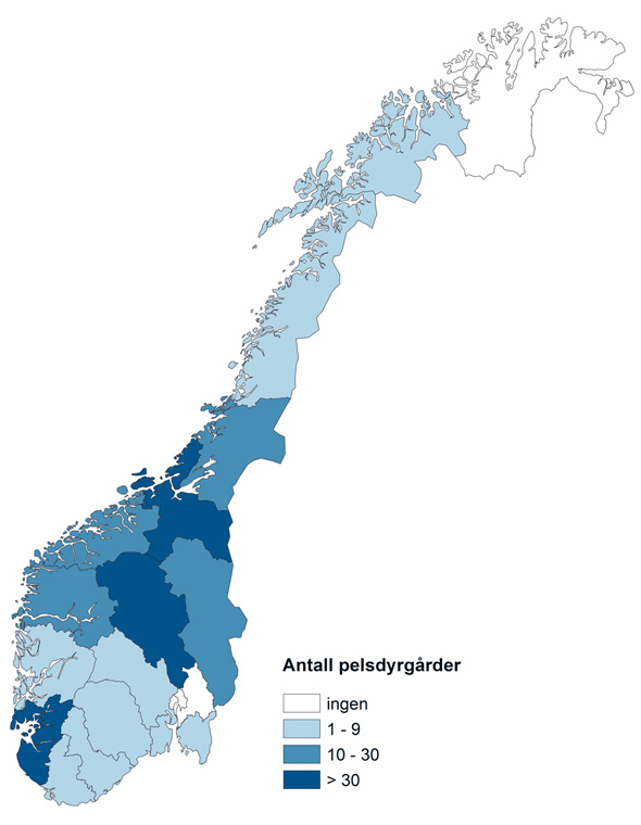 Figur 3.2 Geografisk fordeling av pelsdyrgårder pr. fylke pr. 1. januar 2016

