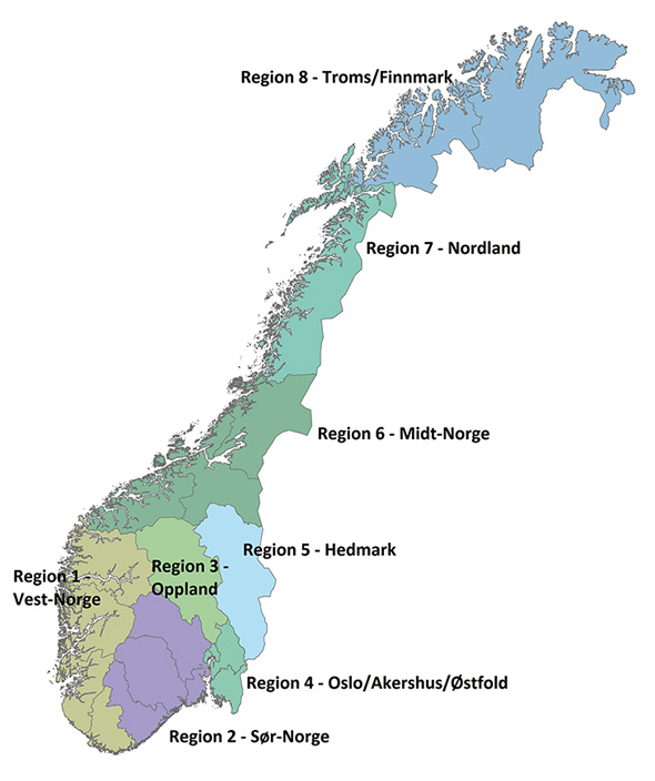 Figur 2.2 Kart over Norges åtte forvaltningsregioner for rovvilt.
