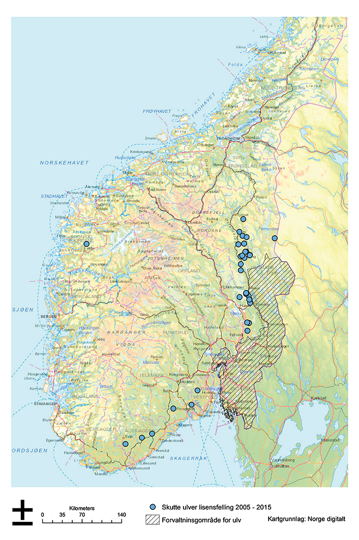 Figur 6.2 Kart med oversikt over ulver felt under lisensfelling i Norge i perioden 1. januar 2005 til 31. mars 2015.
