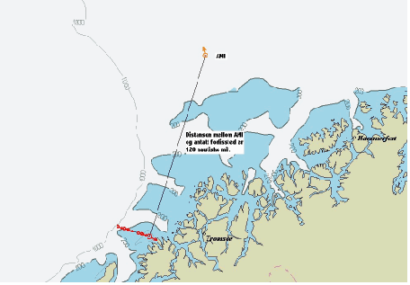 Figur 10.3 AMIs posisjon i forhold til forlisstedet.