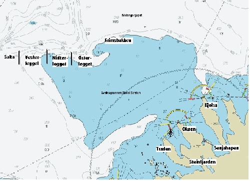 Figur 4.1 Kart over Salta, Stordjupta med områdene Vester-, Midter- og Østerlegget og Grimsbakken avmerket.