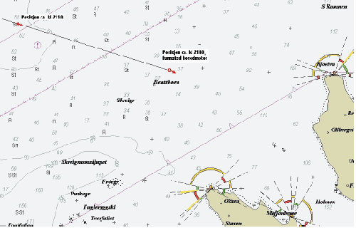 Figur 4.3 Kart som viser kurslinje og sektor på lyktene Oksen og Kjølva.