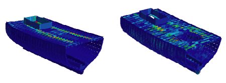 Figur 7.11 Respons på væskeslag – deformasjoner og utnyttelse etter 0,020 sek. og 0,40 sek.
