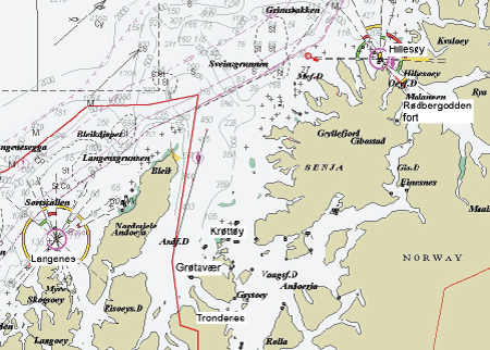 Figur 8.2 Kart over området med oversikt over fort og radarstasjoner samt forlisområdet.