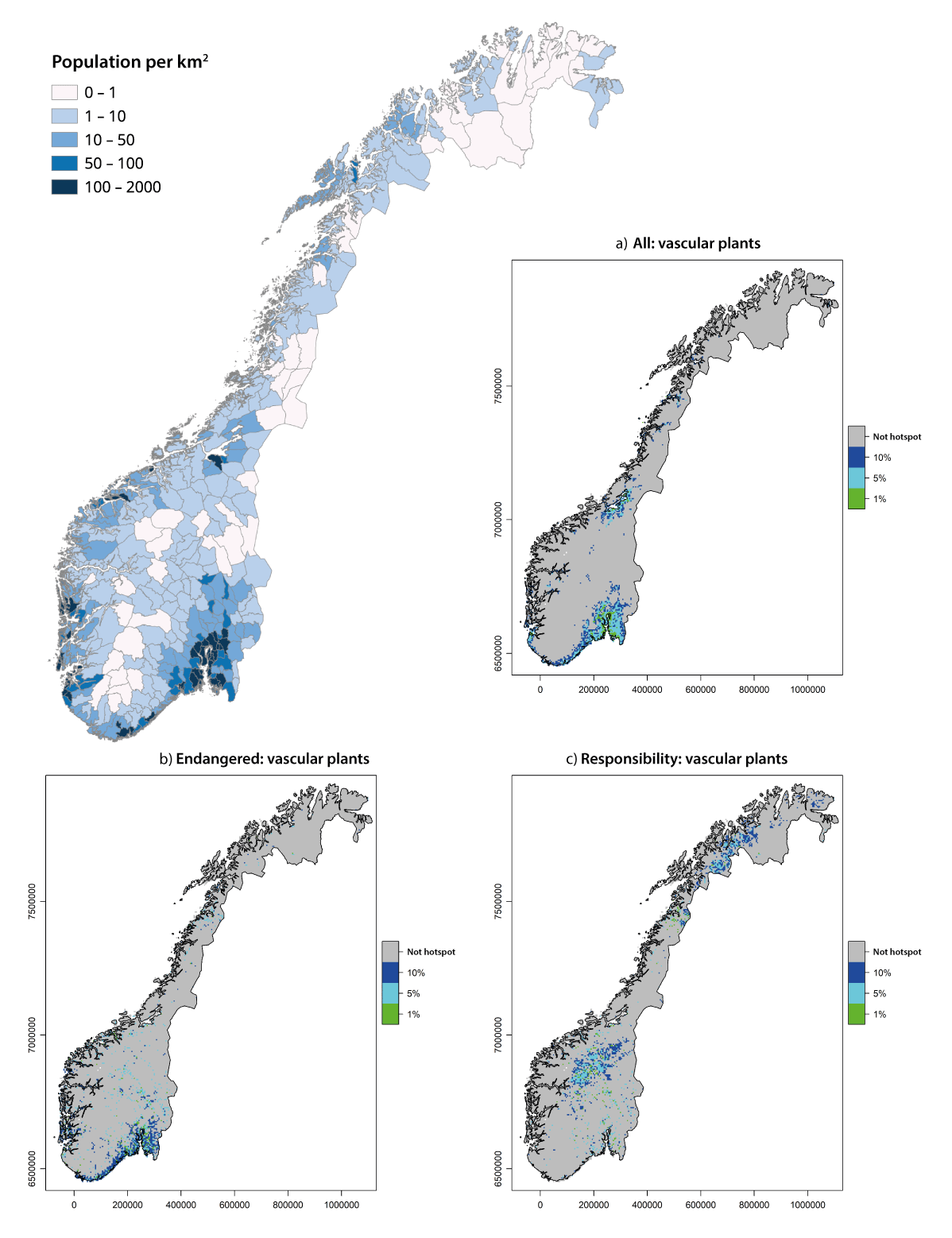 Figure 3.1 Population density in Norway and distribution of vascular plants
