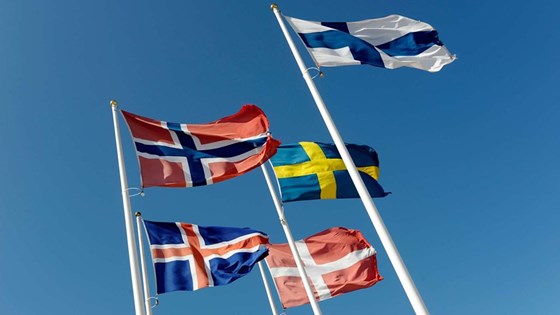 de fem nordiske flaggene