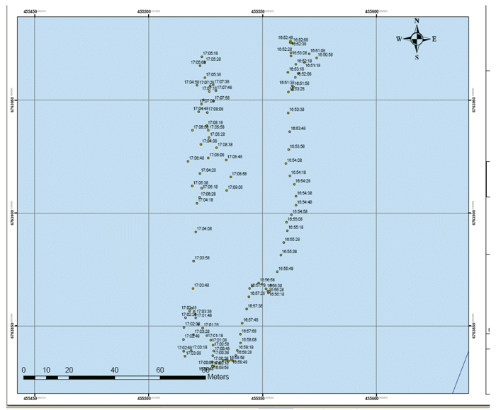 Figur 9.5 Posisjonsplott for Bourbon Dolphin fra kl 16 50 til kantringen