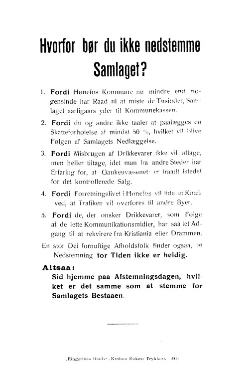 Figur  Løpeseddel til forsvar for samlaget på Hønefoss i
 forbindelse med en folkeavstemning i 1903.