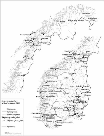Figur 6.1 Skyte- og øvingsfelt på land pr. august 2004