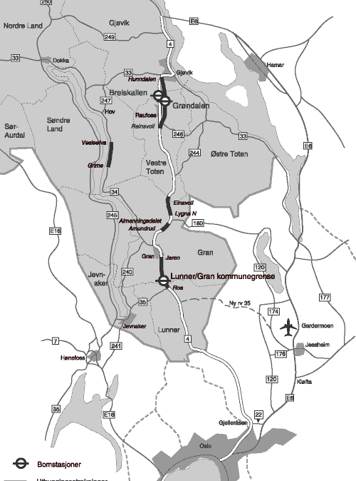 Figur 2.1 Oversiktskart over utbygginga av delar av rv 4 i Oppland