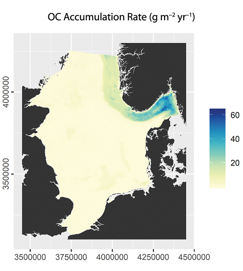Figure 2.12 Estimated annual organic carbon accumulation rate in sediments in the North Sea and Skagerrak. The accumulation rate is highest in the Norwegian Trough, but there are uncertainties associated with the modelled figures for accumulation of carbon in th...
