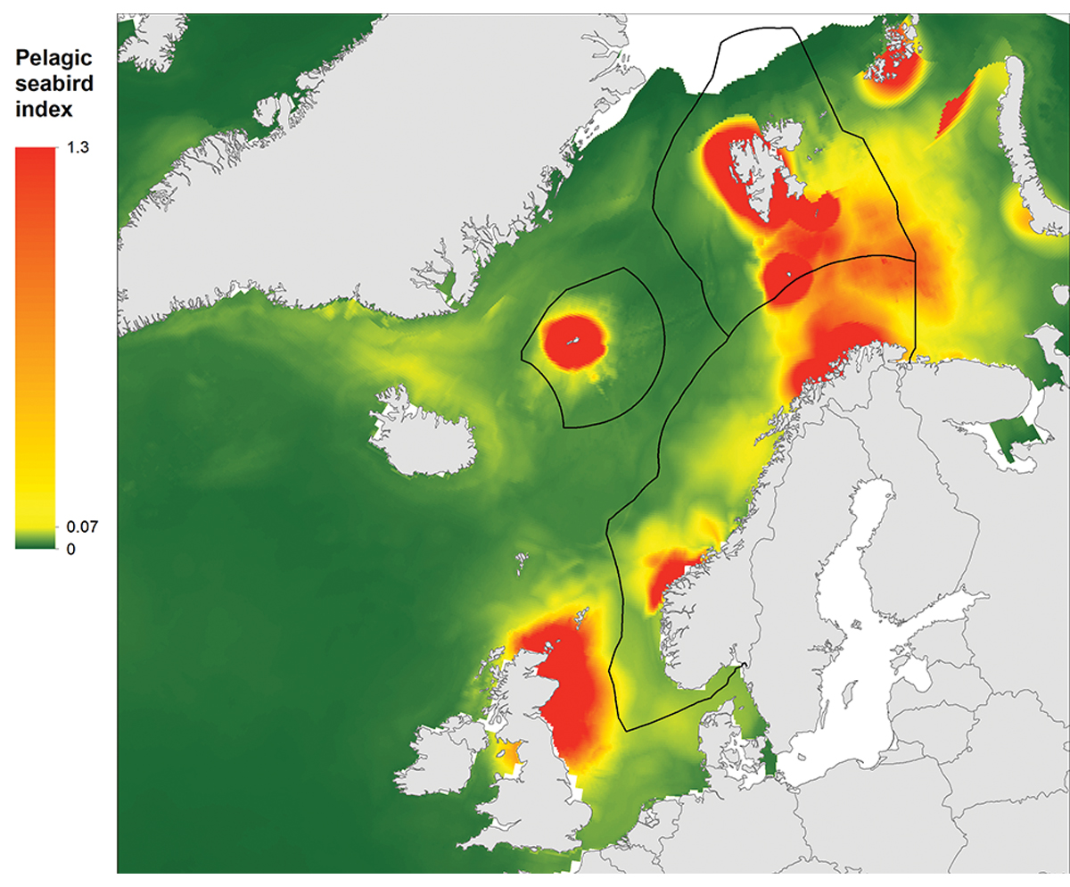 Figure 2.18 Map showing important areas for pelagic seabirds. The figure shows the maximum monthly sum of the share of populations of common guillemot, Brünnich’s guillemot, puffin and kittiwake from Norwegian, Russian and British seabird colonies using differen...