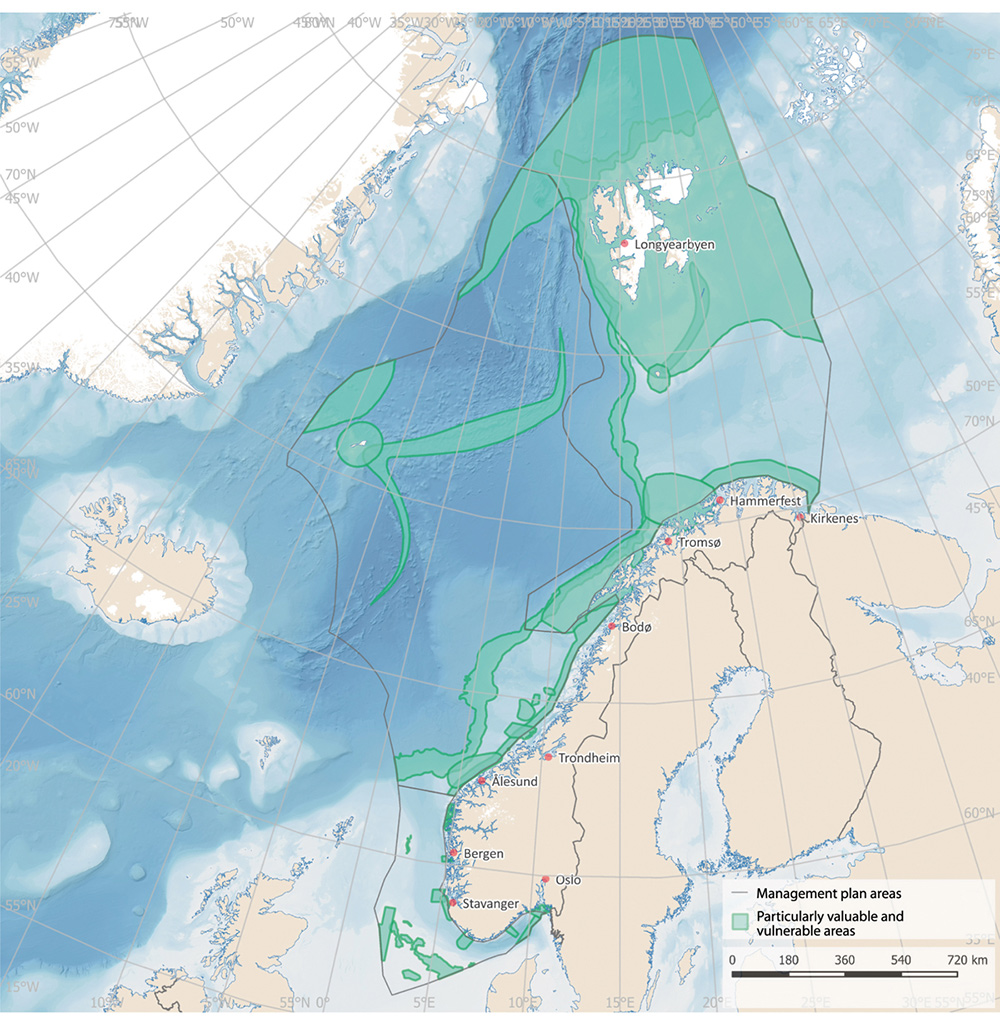 Figure 2.19 Overview of particularly valuable and vulnerable areas in the Norwegian ocean management plan areas.
