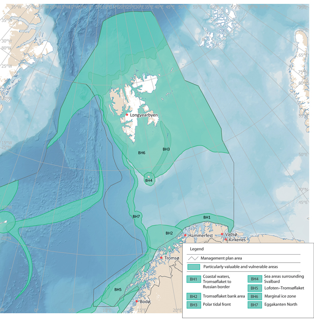 Figure 2.2 Particularly valuable and vulnerable areas in the Barents Sea-Lofoten management plan area.
