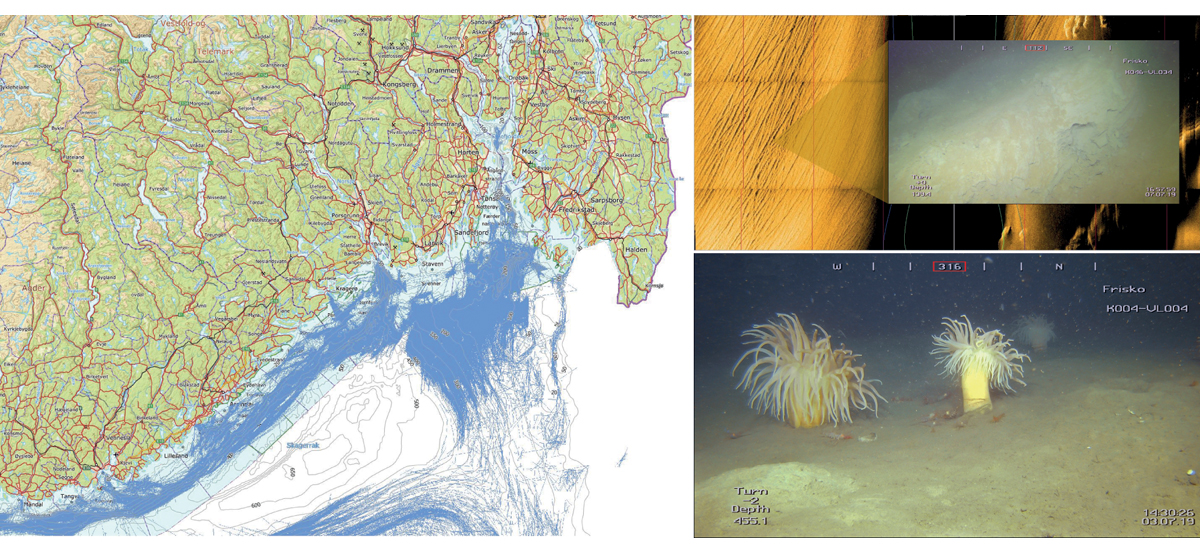 Figure 2.20 Impacts of human activity on the seabed. Left: map of trawl tracks (blue) from vessels over 15 m in length in the period 2011–2019. Right: sonar images of the seabed in the outer Oslofjord showing the impacts of trawling. Close-up of trawl tracks at ...