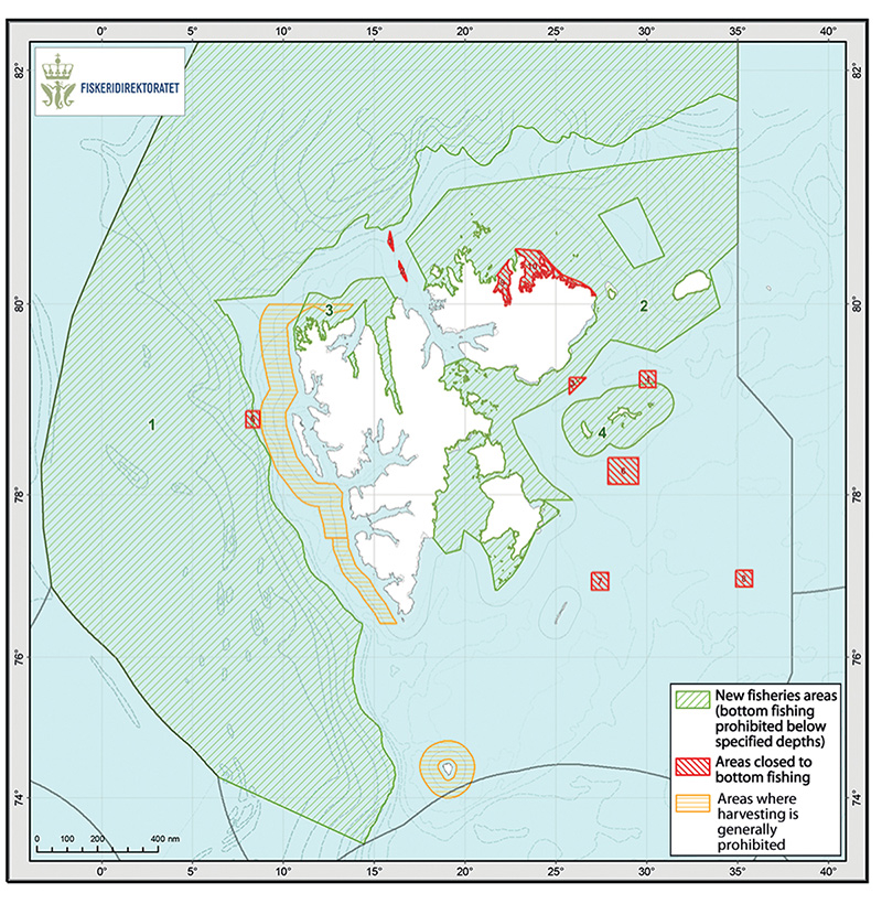 Figure 4.8 Map showing different categories of areas around Svalbard where fishing is restricted or prohibited.
