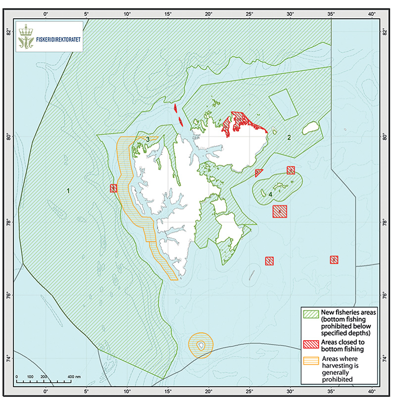 Figure 4.8 Map showing different categories of areas around Svalbard where fishing is restricted or prohibited.
