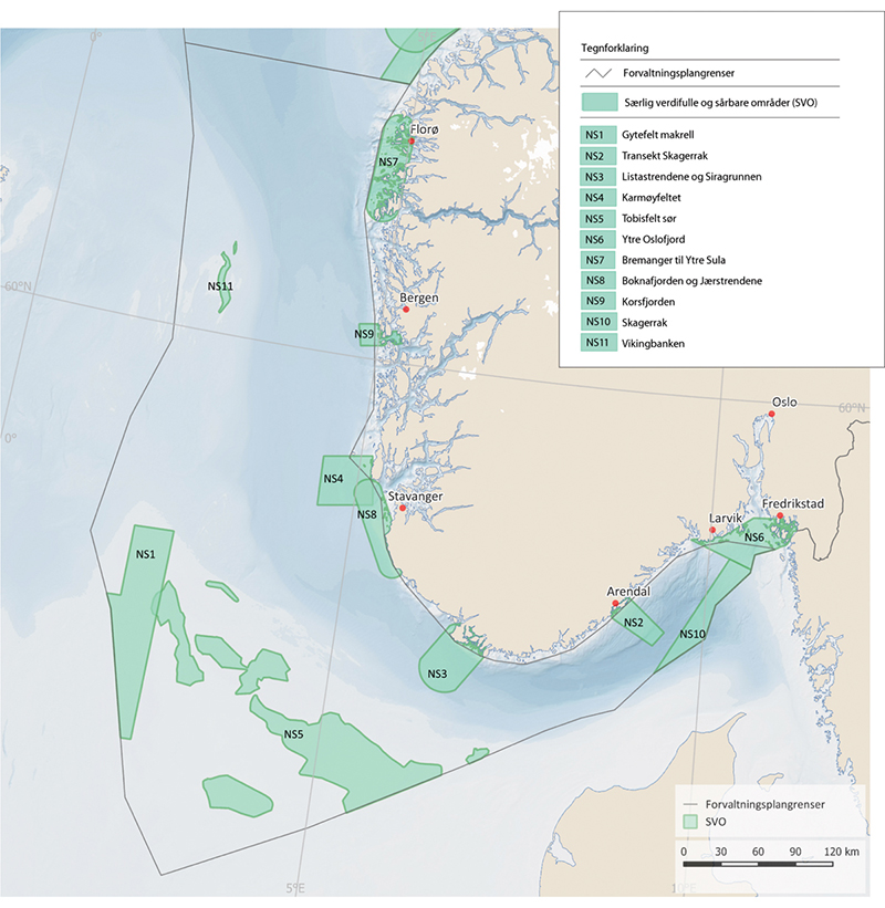 Figur 2.10 Særleg verdifulle og sårbare område i Nordsjøen og Skagerrak.
