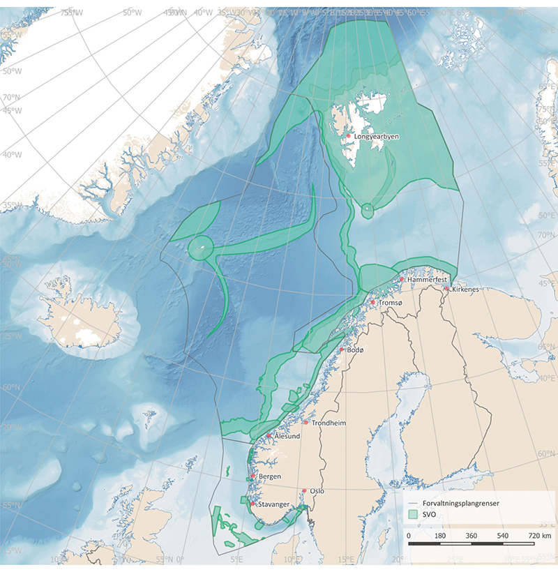 Figur 2.19 Særleg verdifulle og sårbare område (SVO) i dei norske havområda.
