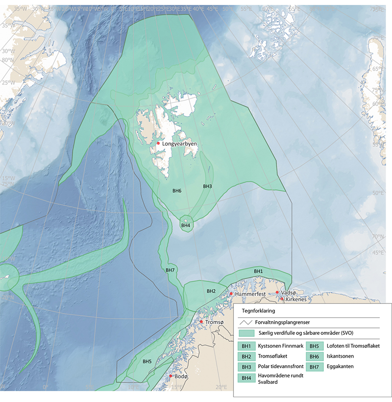 Figur 2.2 Særleg verdifulle og sårbare område i Barentshavet.
