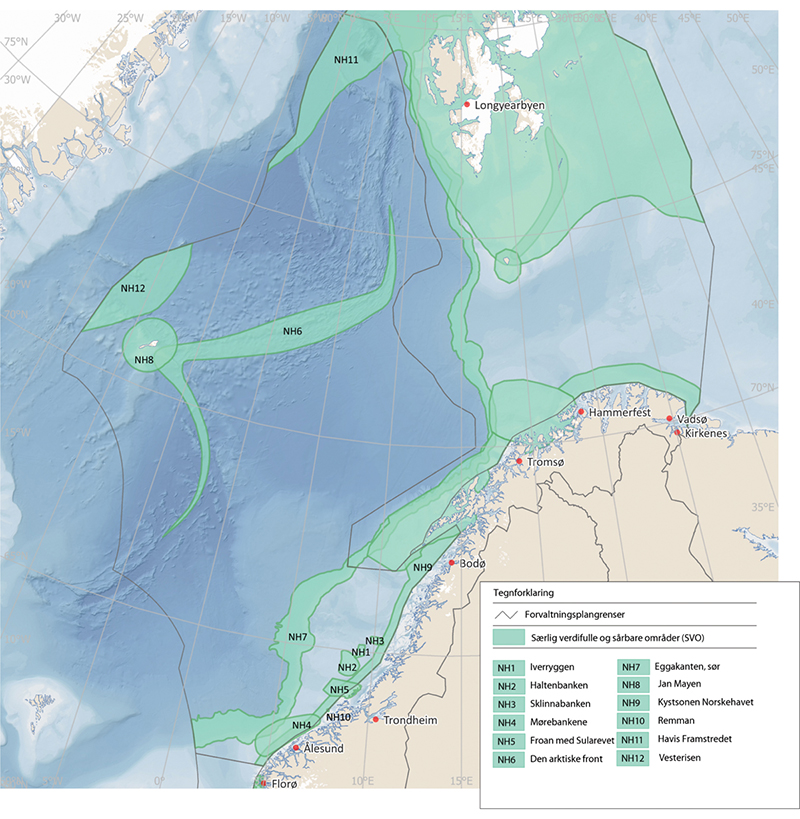 Figur 2.7 Særleg verdifulle og sårbare område i Norskehavet.
