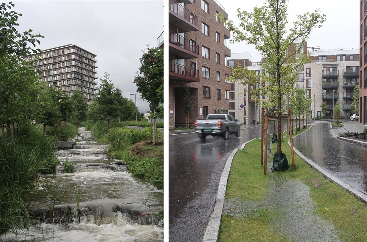 To bilder av overvannshåndtering i byen