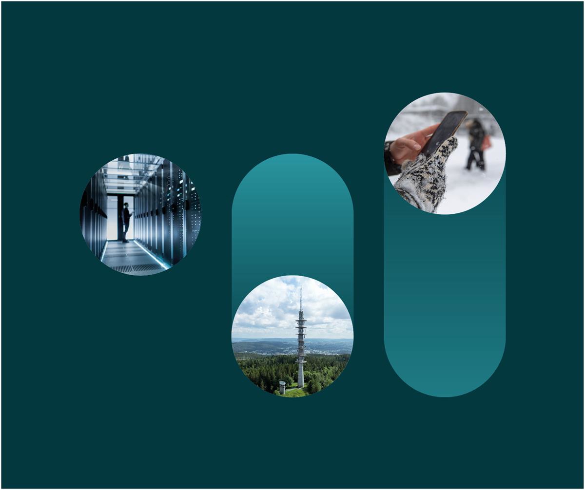 Kollasje som viser illustrasjonsbilder av datasenter, telemast og smarttelefon.