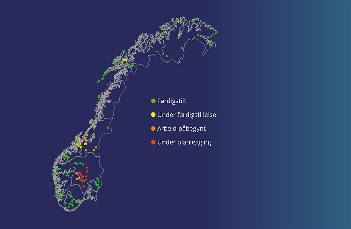 Et kart som viser utbyggingen av forsterket ekom i Norge.