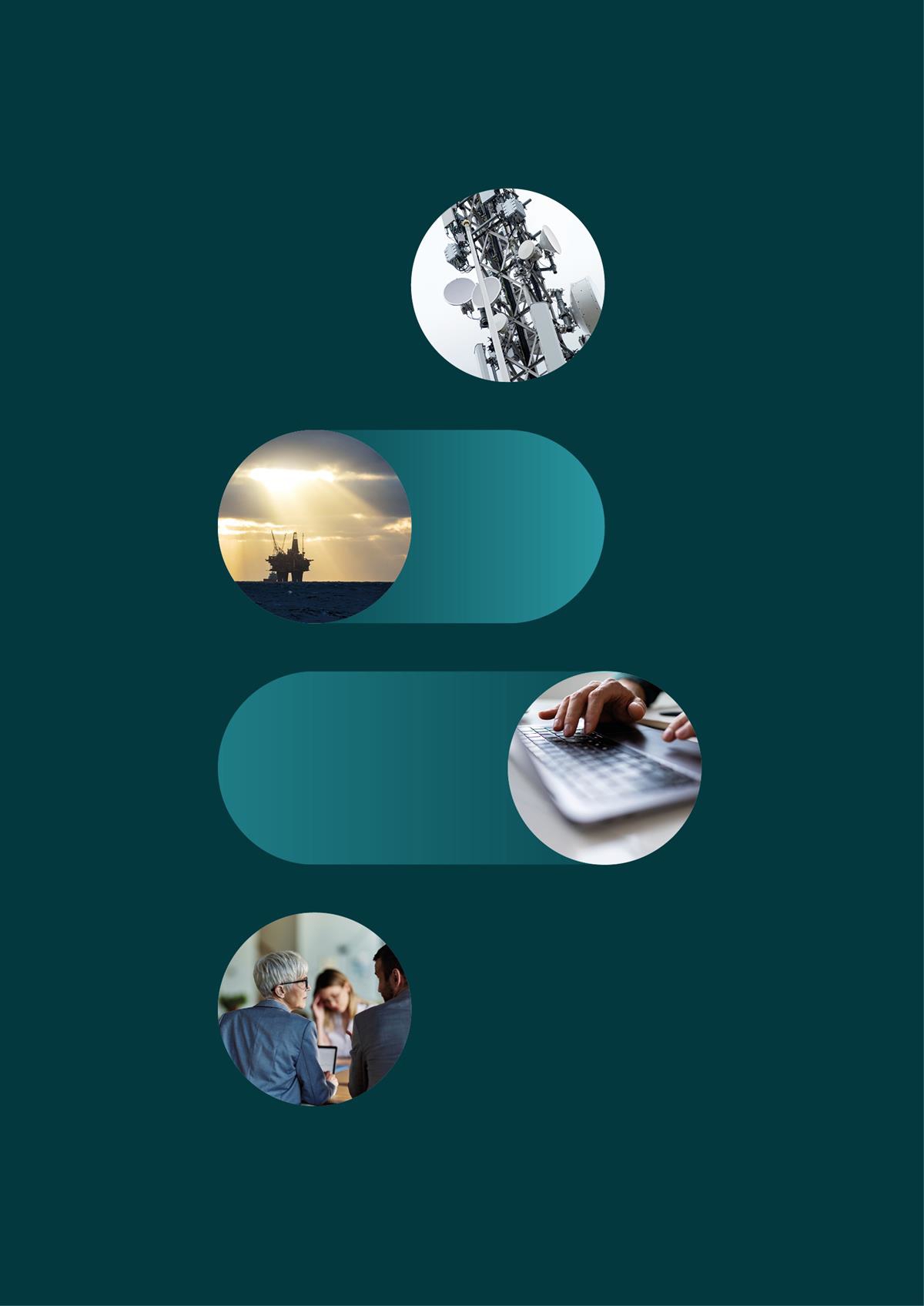 Kollasje som viser illustrasjonsbilder av telemast, oljeplattform, tastatur og mennesker.