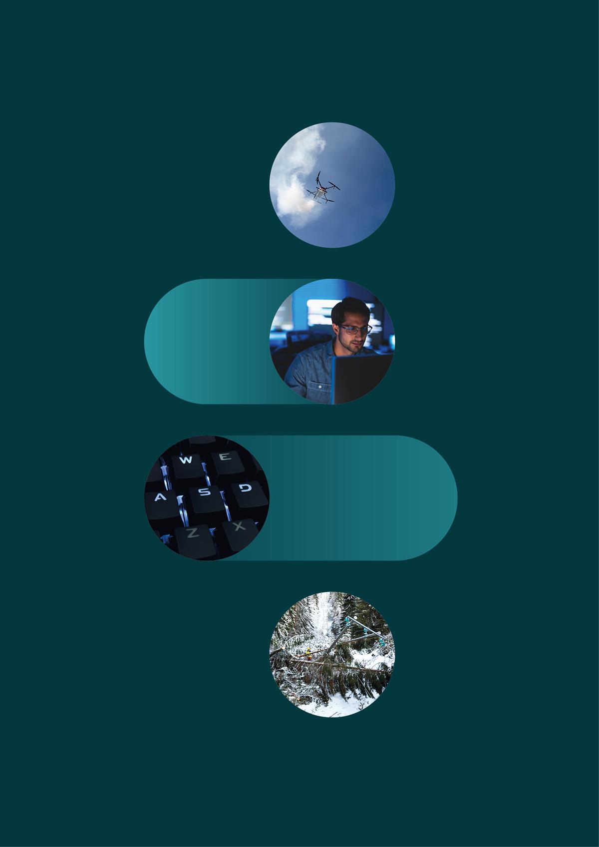 Kollasje som viser illustrasjonsbilder av drone, person, tastatur og skader på strømstolper.