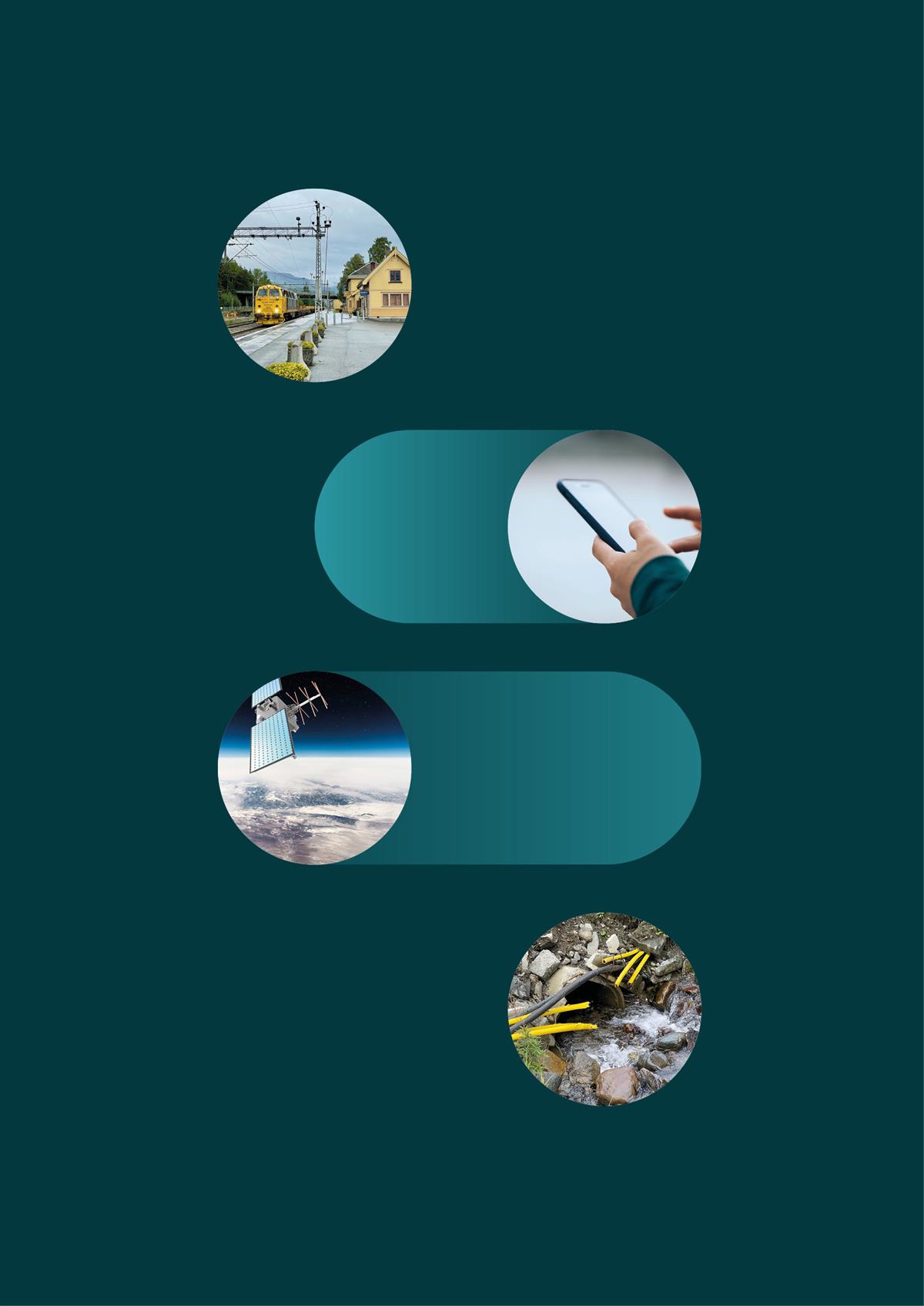 Kollasje som viser illustrasjonsbilder av jernbane, mobiltelefon, satellitt ogfiberbrudd.