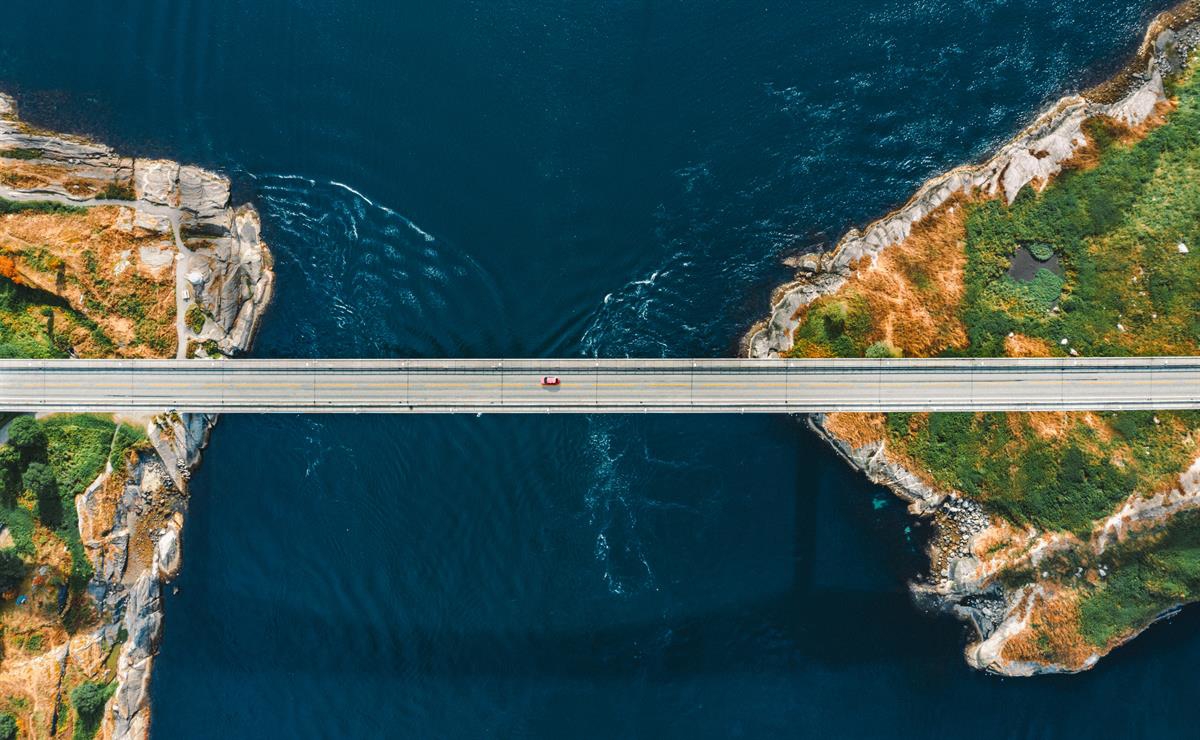 Saltstraumen Bridge connecting island communities, seen from above