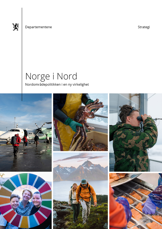 Forsiden av nordområdestrategien med flere bilder med nordnorsk tema
