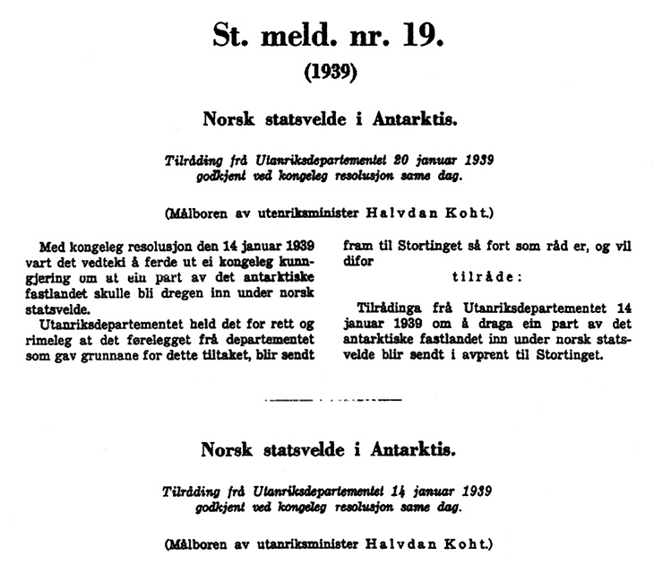 Figure 3.9 Facsimile, excerpt from Report No. 19 (1939) to the Storting, presented by Minister of Foreign Affairs Halvdan Koht.
