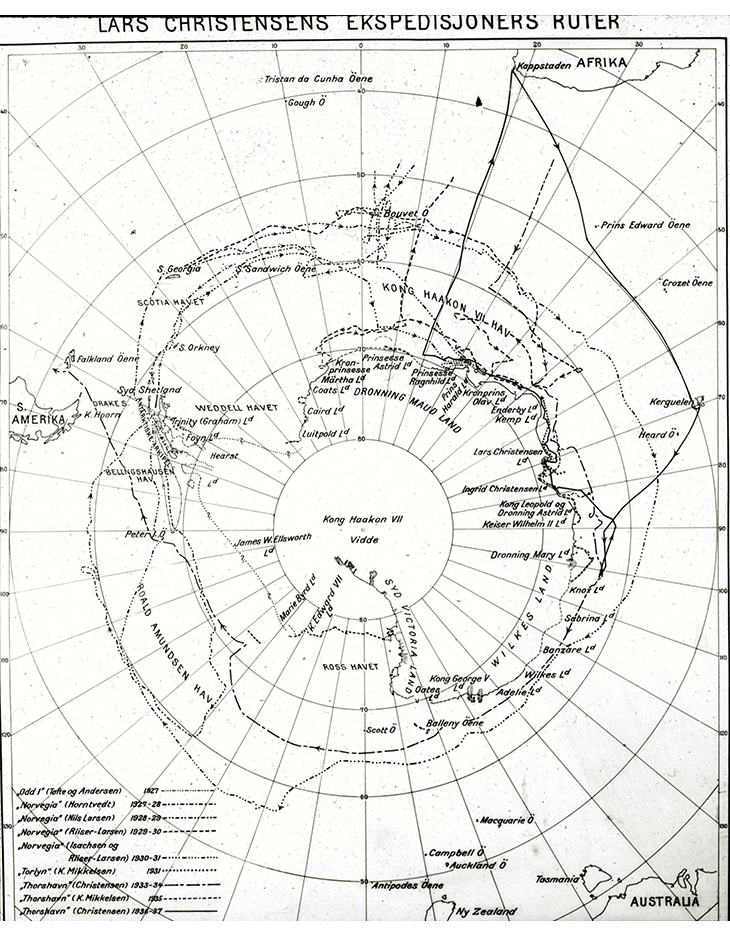 Figur 3.6 Kart over rutene til Lars Christensen sine ekspedisjonar.
