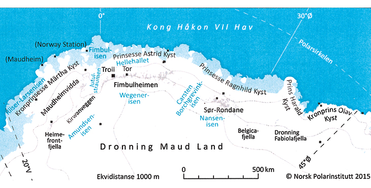 Figur 5.1 Kart over den nordlege delen av Dronning Maud Land. Legg merke til den norske namnesetjinga. Stadnamna i dei norske polarområda har konsekvent nynorsk språkdrakt. 

