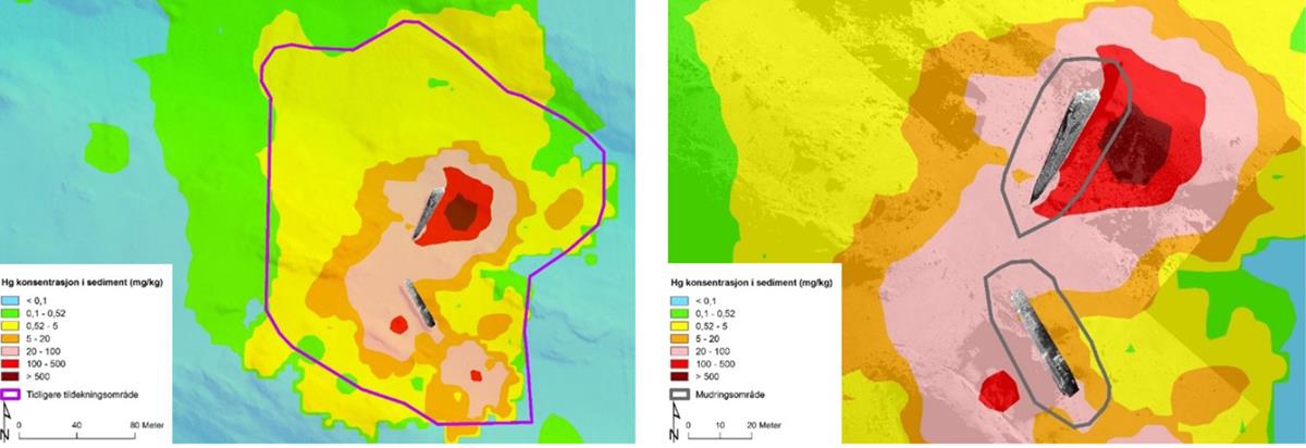 Illustrasjonen til venstre viser med farger konsentrasjonen av kvikksølv i sedimentene fra mørkerødt til blått. Vrakseksjonene sees omtrent midt i bildet. Deretter er det trukket en større sirkel rundt vrakseksjonene som illustrerer området som må mudres hvis man skal fjerne 15 000 m3 med sedimenter. Nede til venstre vises en beskrivelse av fargekodene, kartets nordpil og målestokk.
llustrasjonen til høyre viser med farger konsentrasjonen av kvikksølv i sedimentene fra mørkerødt til blått. Vraksekseksjonene sees også omtrent midt i bildet. Deretter er det trukket to sirkler rundt vrakseksjonene som illustrerer området som må mudres hvis man skal fjerne 1500 m3 med sedimenter. Nede til venstre vises en beskrivelse av fargekodene, kartets nordpil og målestokk.