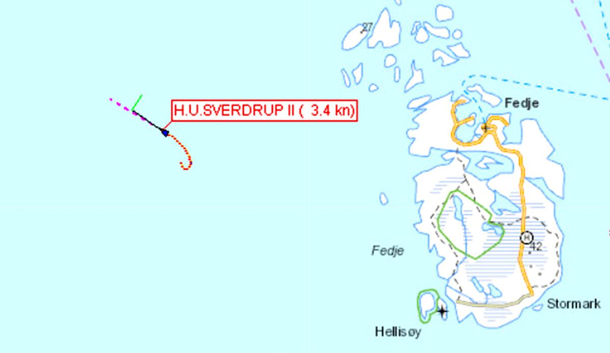 Illustrasjon viser kartutsnitt fra AIS av H.U. Sverdrup på tokt over U-864 i havet utenfor Fedje.