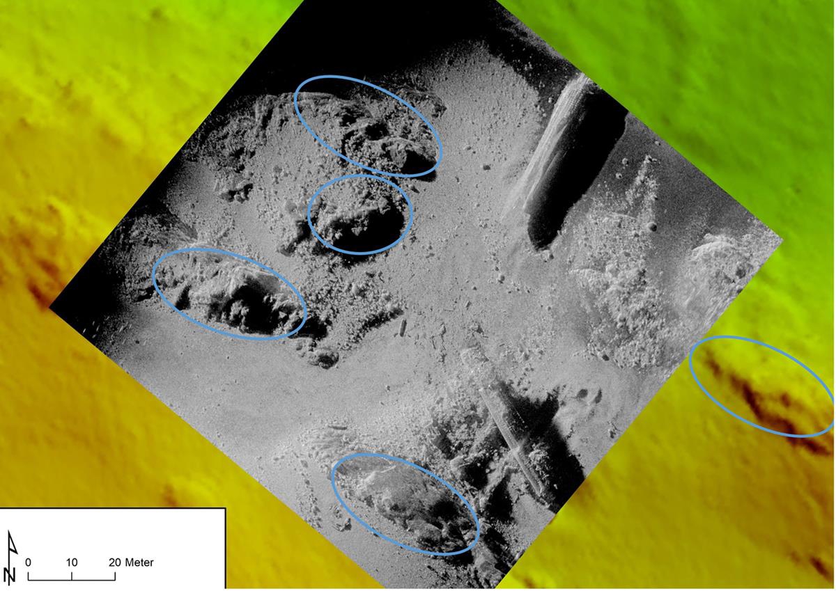 Generert bilde av data fra HUGIN viser en grå havbunn med stein og knauser. Omtrent midt i bildet sees vraksseksjonene. Til venstre, over noen knauser, er det tegnet inn noen blå sirkler. Disse sirklene viser hvor det finnes grunnfjell. Rundt bildet med grå havbunn, vises lignende generert bilde av havbunnen, men i forskjellige nyanser av grønt, gult og rødt. Også i dette området er det tegnet inn en blå sirkel som viser plassering av grunnfjell. Nede til venstre vises kartets nordpil og målestokk.